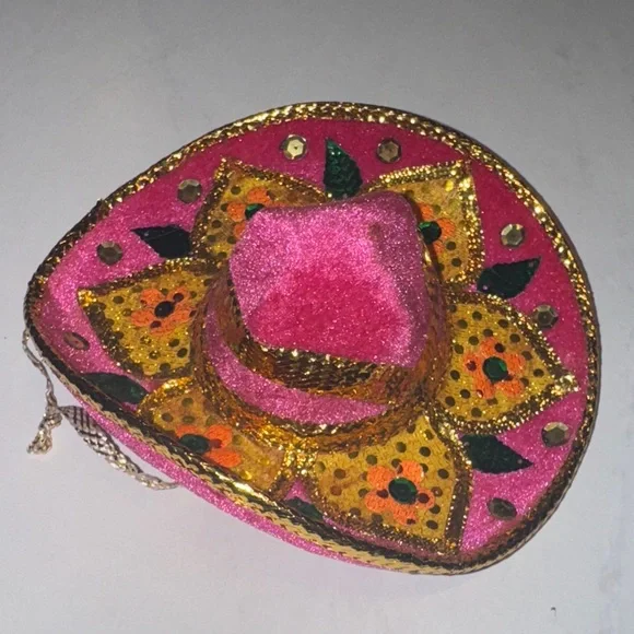 Mini Sombrero Pink and Gold Decorative Hat miniature size Mexico souvenir - Picture 3 of 7